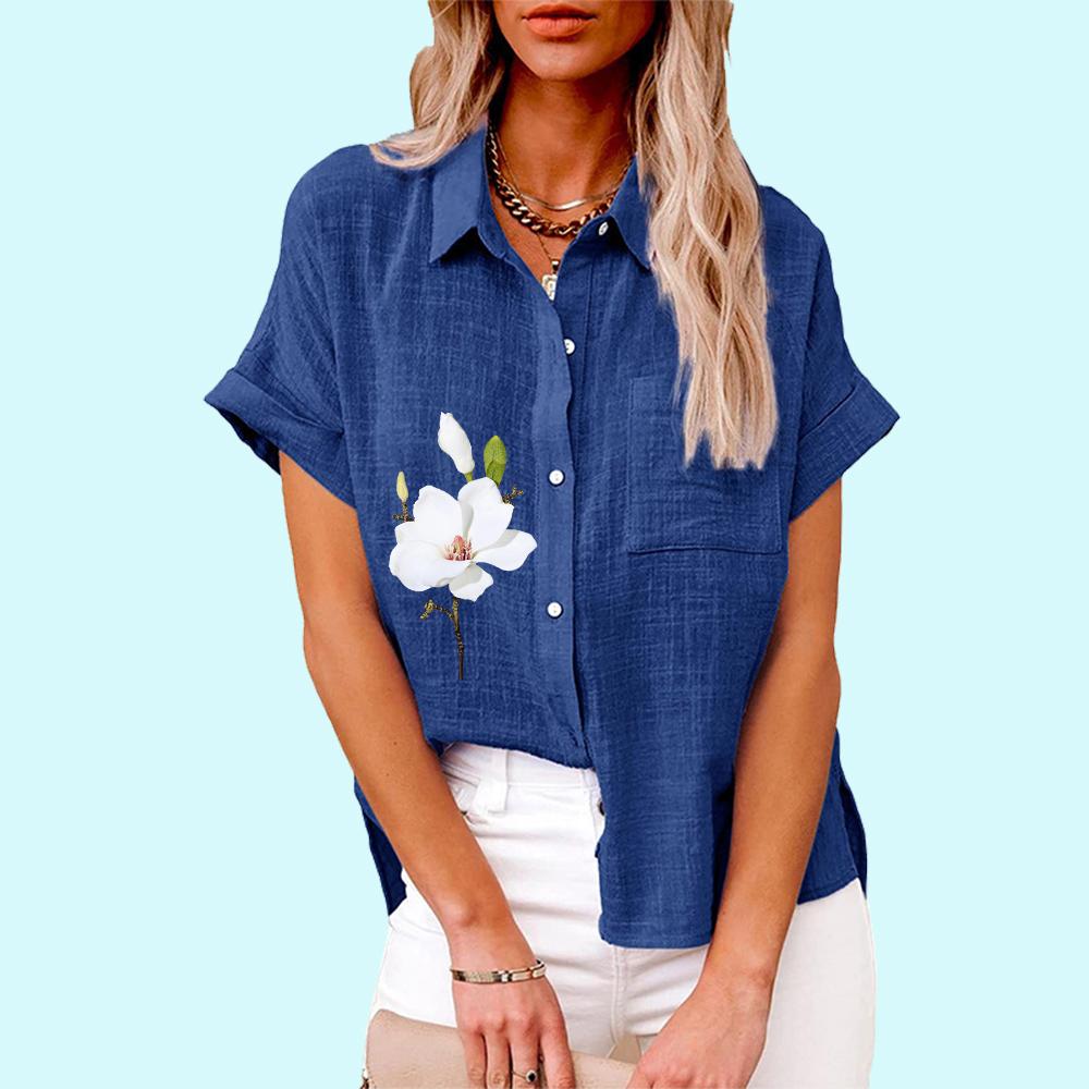 Plus Size Women Fashion Floral Print Blouse Casual Linen T-shirt Ladies Loose Buttoned Short Sleeve Shirt
