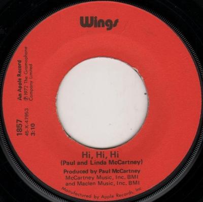7inch Record WINGS  Hi Hi Hi  C Moon 1857 APPLE 1972 US Rock Used