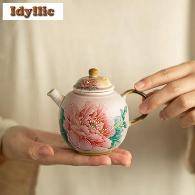 190ml Handbemalte Pfingstrosen-Holzgebrannte Porzellan-Teekanne Retro-Teekanne mit Sieb Teekocher mit Kugelöffnung Teezubehör Handwerk