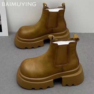 Leather Women Snow Ankle Boots Platform Mid Heels Shoes Designer Chunky Motorcycle Boots Trend Winter Fashion Botas Mujer
