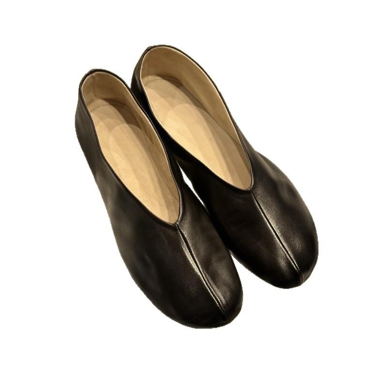 Cowhide Version~ Genuine Leather Round Head Shallow Mouth Single Shoes Women's One-pedal Flat-soled Small Leather Shoes Korean Version Versatile Simpl