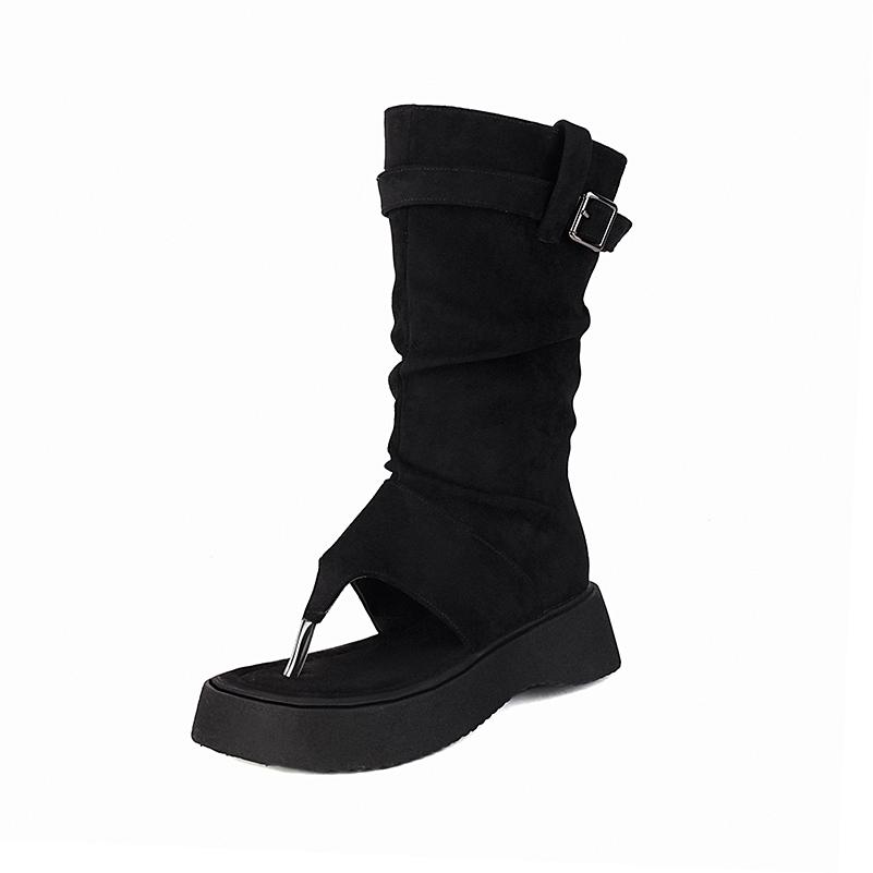 

Plus Size Flat Heel Thick Bottom Peep Toe Breathable Leg Boots Matte Flock Material Metal Buckle Breathable Summer Women s Boots 34 чорний