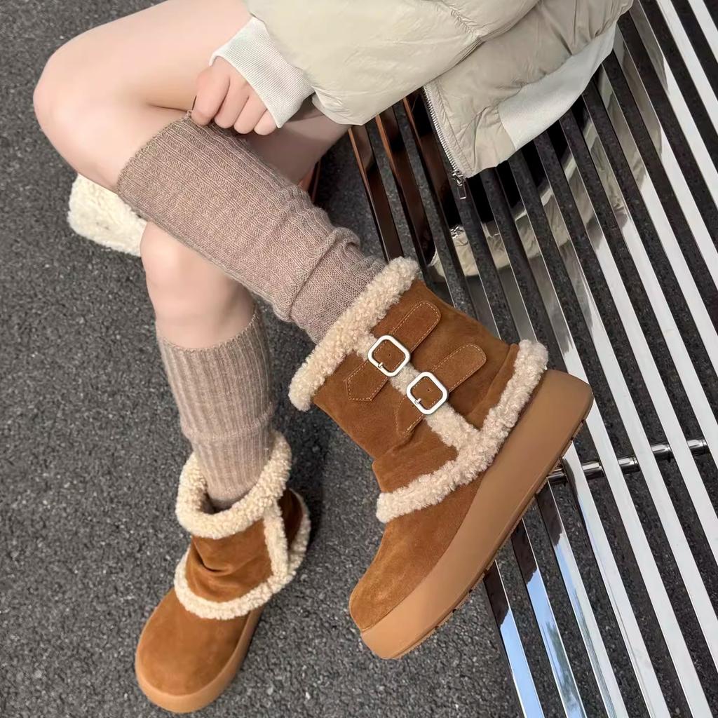 Thick-soled Medium Tube Snow Boots Women's 2025 Autumn and Winter New Altay Fur Integrated Plush Warm Wool Cotton Shoes