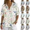 Women Turn Down Collar Button Up Retro Floral Print Imitation Cotton Linen Loose Fit Short Sleeve T Shirt Top for Daily Wear