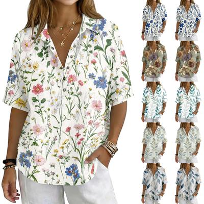 Women's Vintage Floral Print Short Sleeve T-Shirt with Collar and Button Front, Loose Fit, Cotton-Linen , Great for Daily Wear
