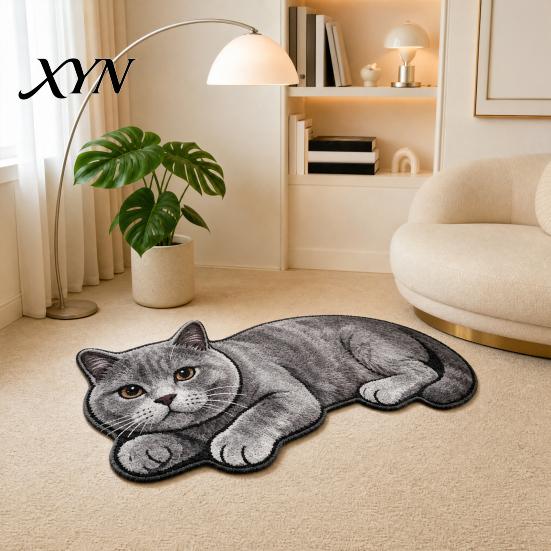 Indoor Absorbent Mat Cute Cat Bathroom Rug, Anti-Slip Bath Washable Plush Pet Themed Floor Rug Kitty Door for Entrance Kitchen Home Decor