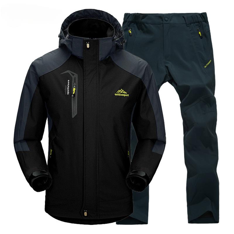 Outdoor Hiking Jacket and Pants Sets Men Autumn Waterproof Windproof Hooded Jackets Trip Mountain Camping Clothes