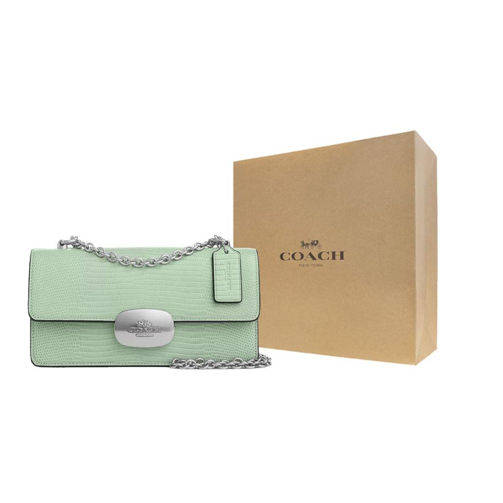 Coach Eliza 22 Flap Chain Shoulder Bag Lizard Embossed Leather Small Women shoulder bag Silver Light-Green CR106-SVA5