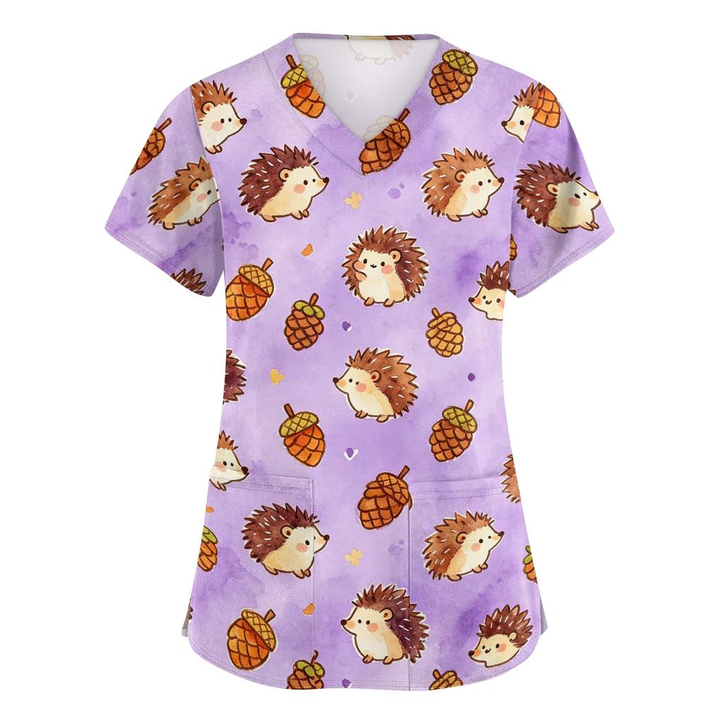 Damen V-Ausschnitt Kurzarm Arbeits-Top mit Taschen Tierprint Professionelle Uniform Pflegekittel für medizinisches und Pflegepersonal