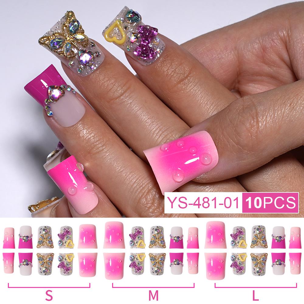 Pink Rhinestone Pearl Duckbill Nails: Handmade European & American Cross-Border French-Style False Nail Tips