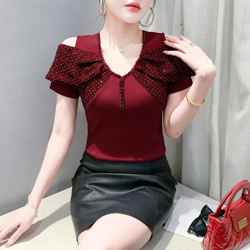 

Летняя сексуальная футболка с открытыми плечами, с бисером, женская, с короткими рукавами, с кисточками, новые хлопковые женские топы XL красный