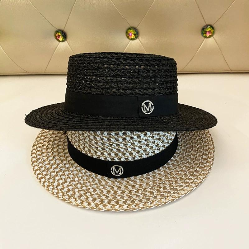 Flat-Top Hat for Women, Summer Hollow-Out m Logo Plaid Woven Straw Hat, Beach Outing Sun Protection Hat Flat-Brimmed Fedora
