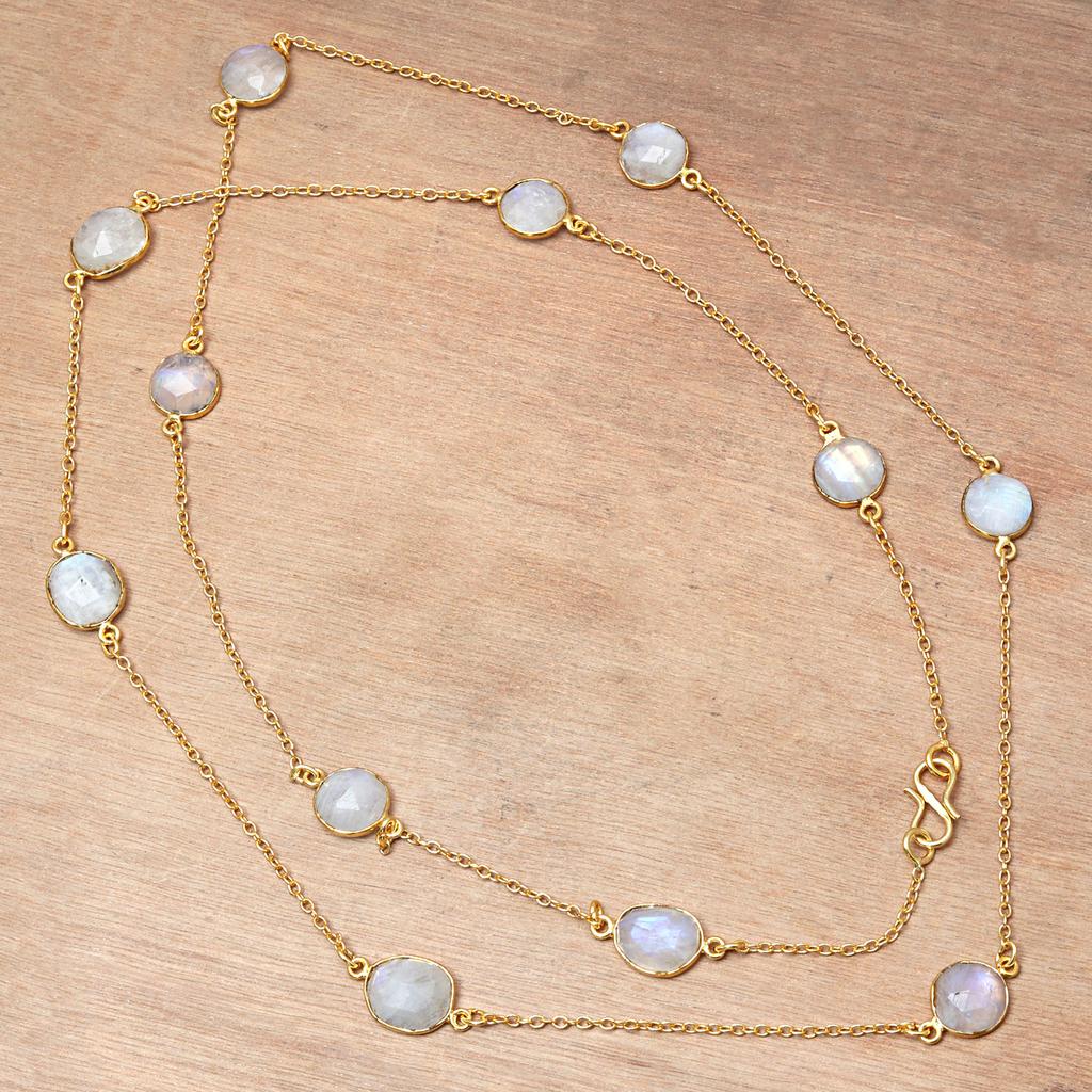 Necklace Moonstone Feceted Gemstone HandmadeAntique Silver Jewelry 34''