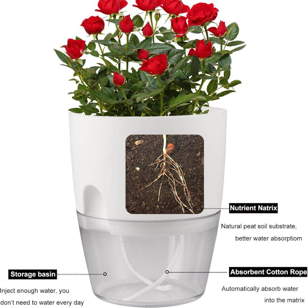 Transparent Plastic Lazy Flower Pot With Double-layer Design And Elegant, Featuring Self-watering Function And Cotton Rope For Drainage.