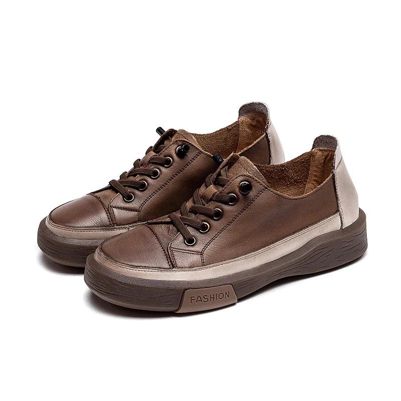 Genuine Leather Retro Women Sneakers Casual Lace Up Flat Ladies Shoes Fashion Breathable Comfort Women's Flat Shoes