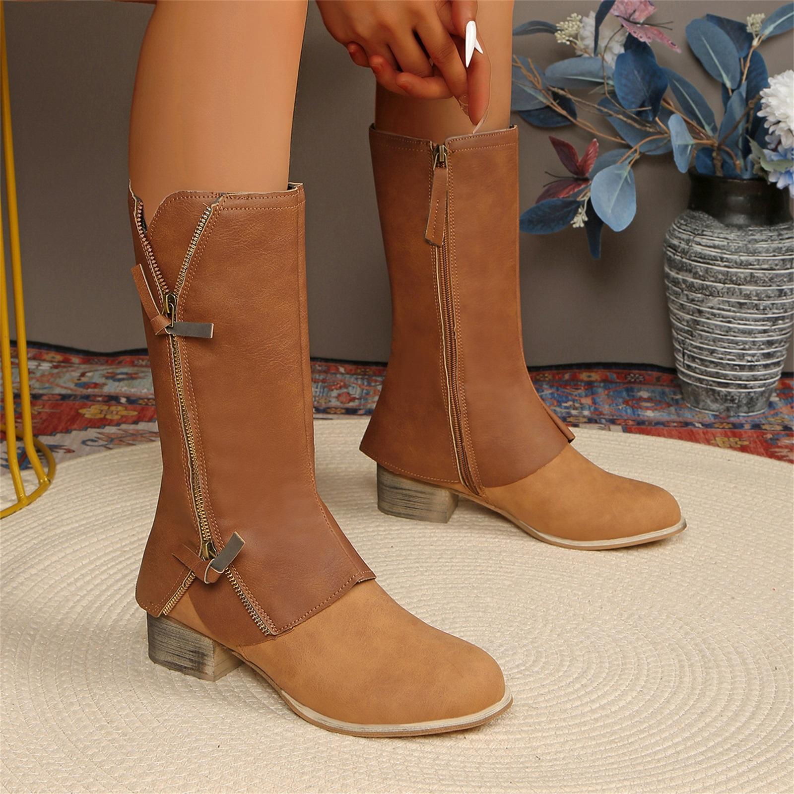 Women s Fashion  Side-Zip Flat Shoes Short Boots  Large Size 40 коричневый
