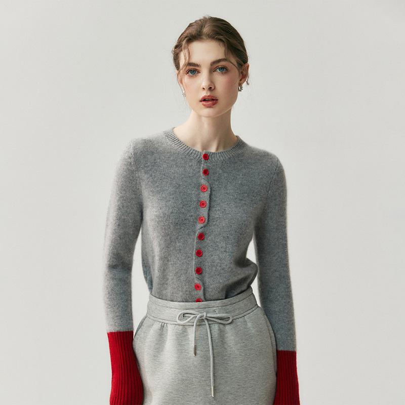 Women's Cashmere Color Block Cardigan - Round Neck, Versatile Cuff, Autumn/Winter Style