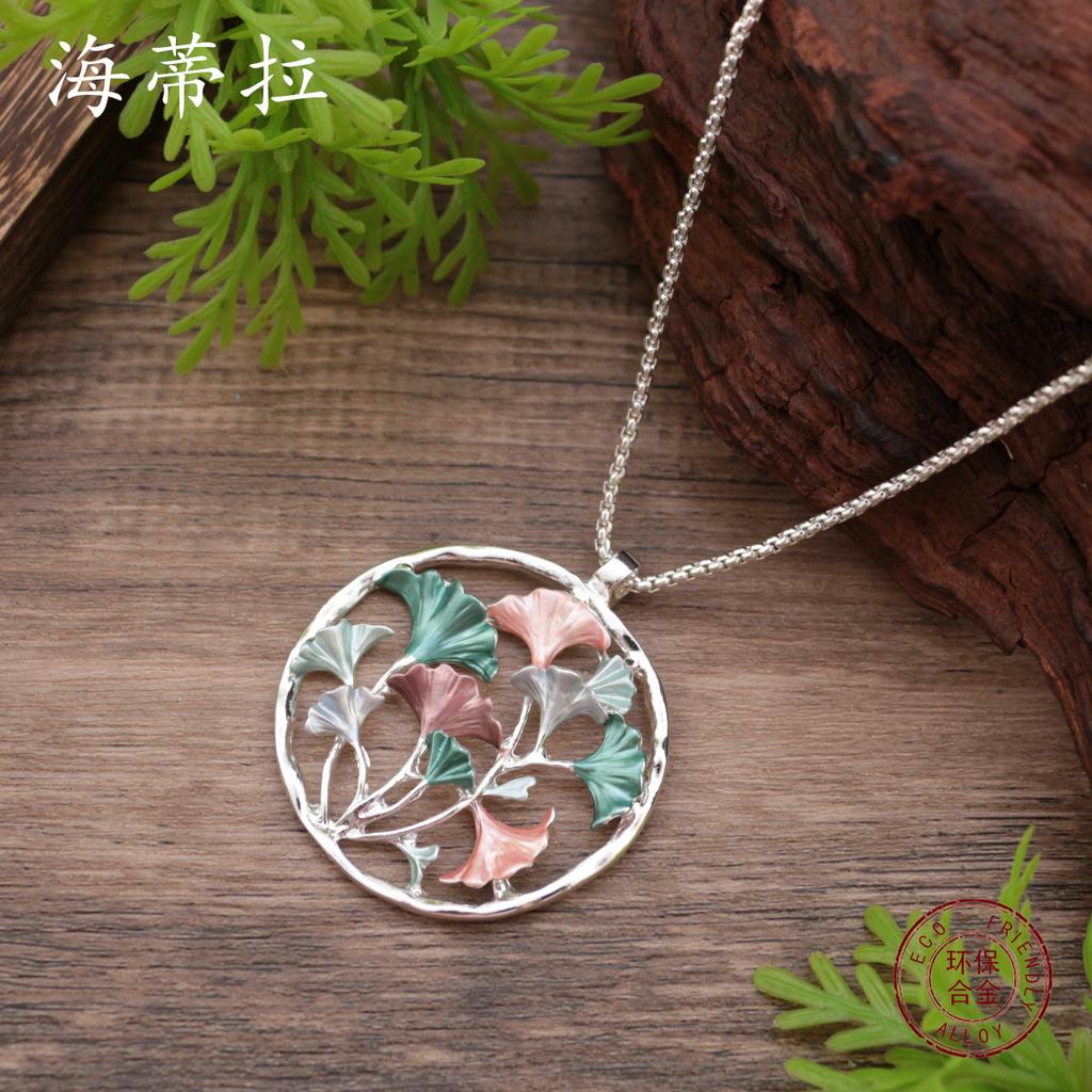 New Enamel Color Round Hollow Ginkgo Biloba Long Pendant Ladies Versatile Premium Ginkgo Biloba Long Necklace