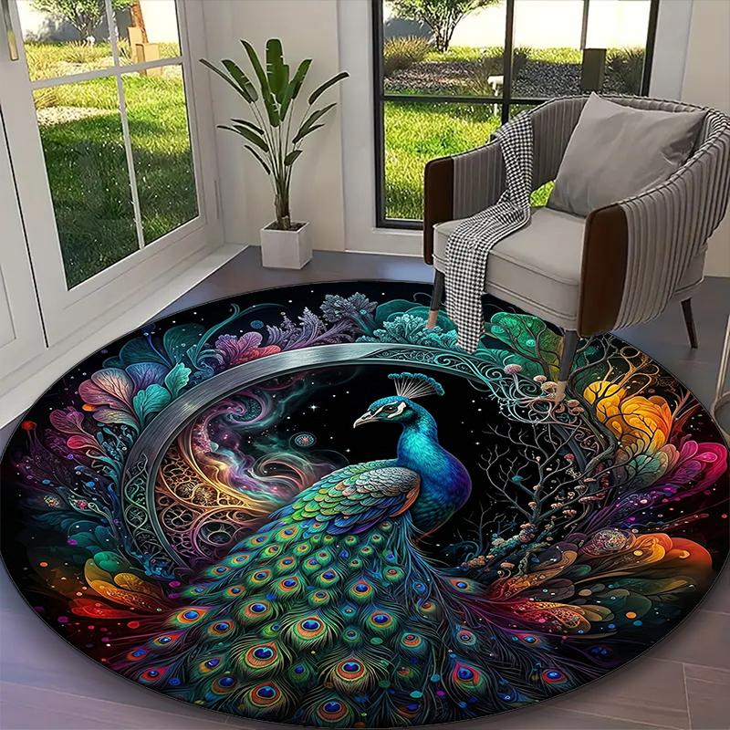1pc Ornate Peacock Radiance Printed Chair Rug for Home Office Use, Living Room Kitchen Game Room Round Carpet