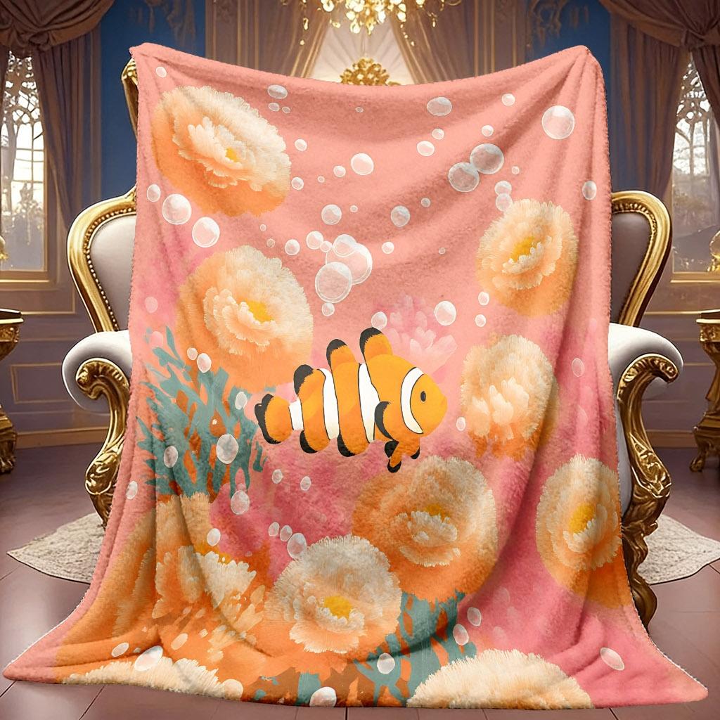 1pc 2D Orange Ocean Clown Fish And Flowers Theme Pattern Flannel Blanket, Soft HD Digital Print, Cooling Blanket All-Season Use! Soft And Breathable 1