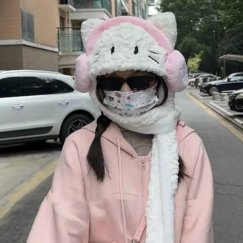 Căști coreene 3 în 1 capace femei pufoase de pluș calde urechi de pisică cu glugă eșarfă cu clapetă pălărie mănuși mănuși desene animate pisică cald iarna