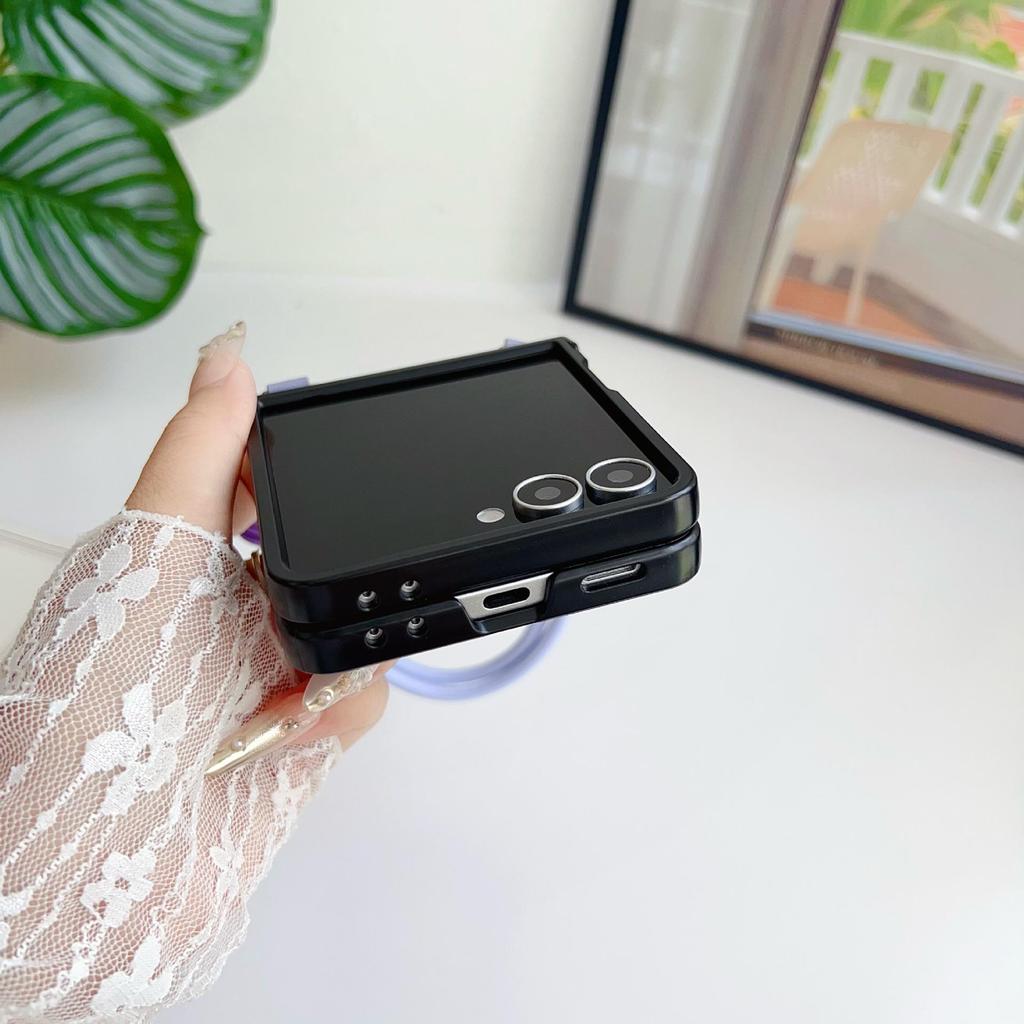 Samsung ZFlip7 Leder Handyhülle mit farbig gewebtem Seil - Passend für ZFlip6/5, Einfarbig, Faltbares Bildschirm-Backcover