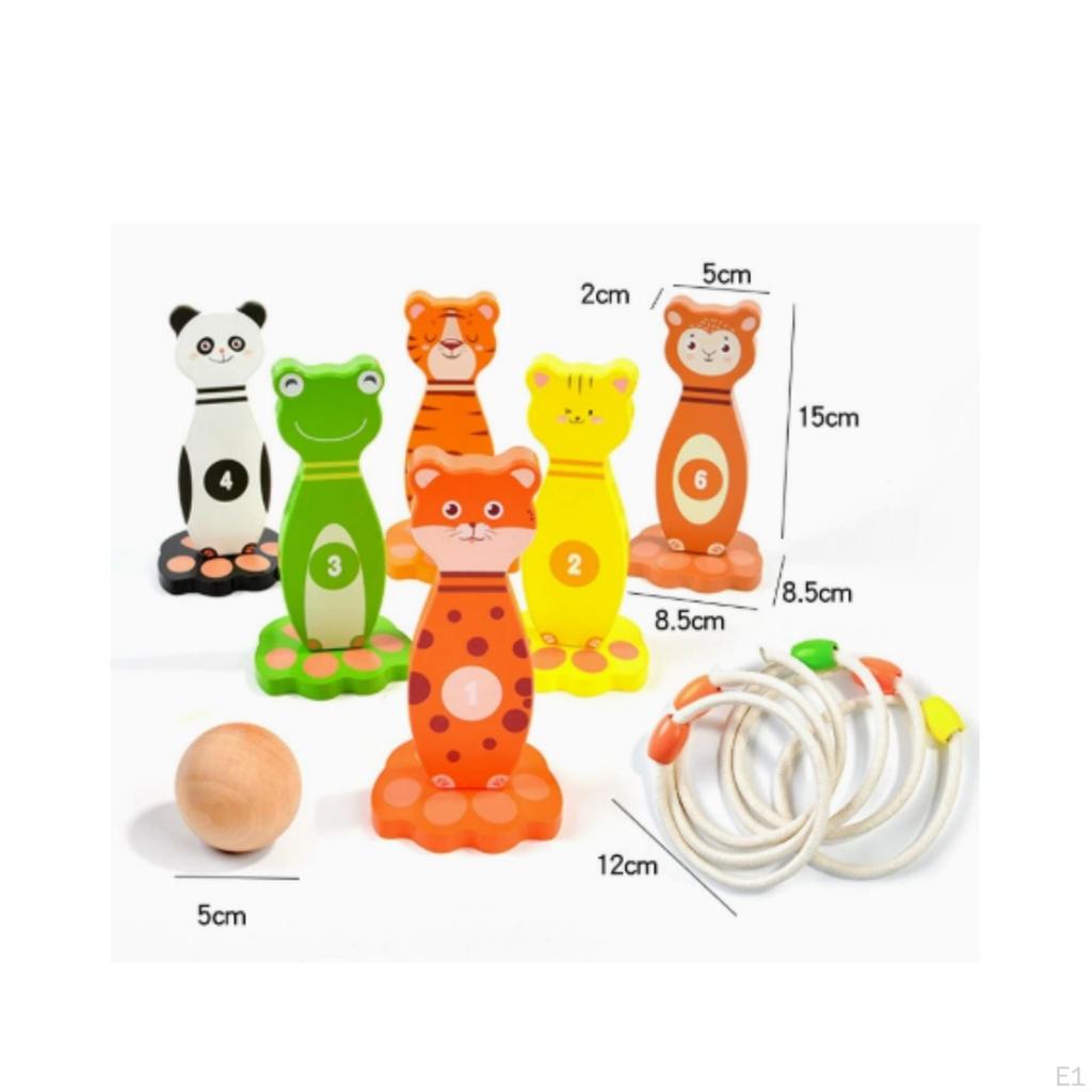 Animal Bowling Game Heavy Hoop Toss Set with Pins Solid Wood Wooden for Young Children,