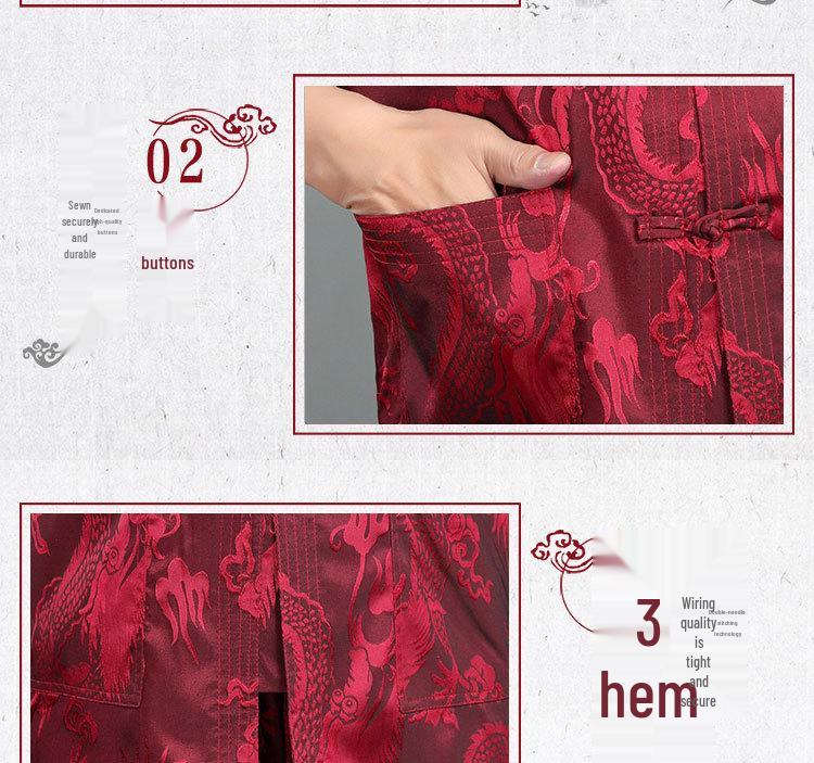 Silk Satin Dragon Tang Suit: Short-Sleeve Hanfu Shirt for Middle-Aged & Elderly Men, Lay Buddhist Attire with Frog Buttons