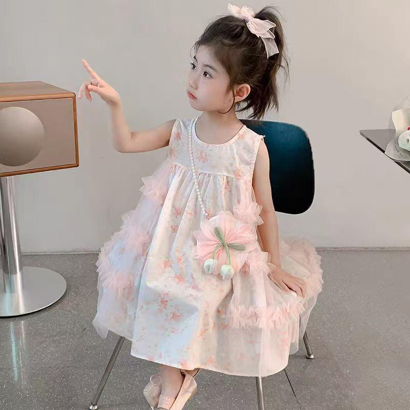 Summer Girls Floral Tulle Princess Dress Stylish Baby Sleeveless Vest Dress For Kids Party Wear