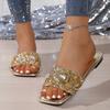 Fashion Summer Women Fashion Rhinestone Slippers Gold Silver Sequin Flat Bottom Slides Sandals Woman Square Toe Outdoor Beach Flip Flops
