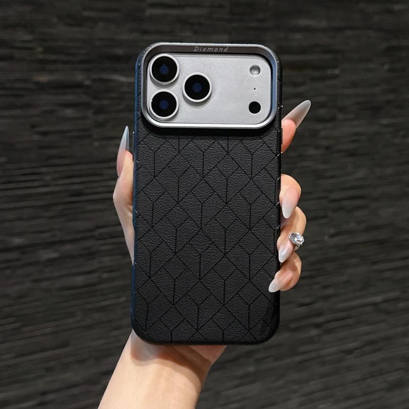 Diamond Grid PU Leather For Magsafe Case For iPhone 17 16 15 14 13 Pro Max Air Metal Lens Heightening Anti-drop Protector Cover
