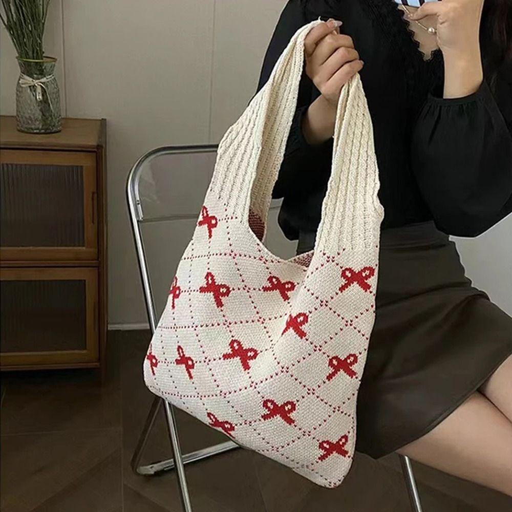 Soft Bow Knitting Shoulder Bag Sweet Casual Woven Handbag Elegant Beach Bag Vacation