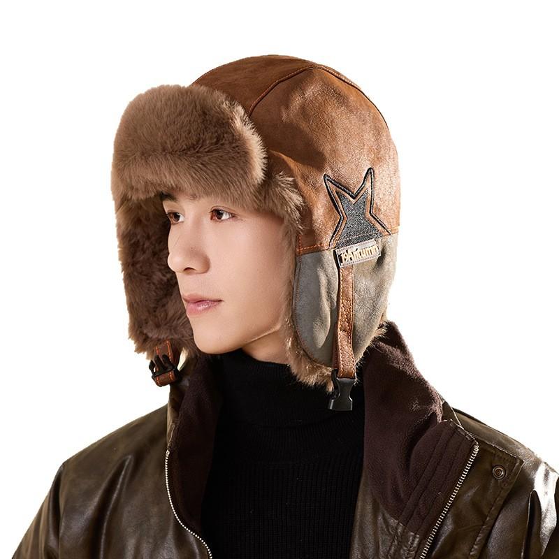 Lei Feng Hat for Men and Women Outdoor Riding Ski Pilot Plus Velvet Thickened Hat Winter PU Leather Anti Cold Ear Protection Hat