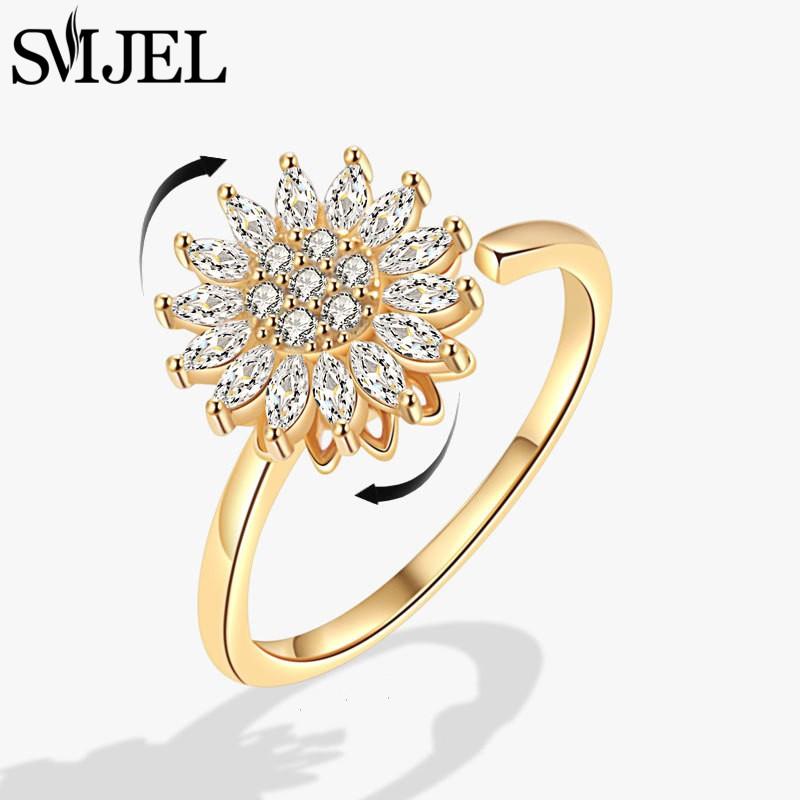 SMJEL Luxury Crystal Anxiety Relief Spinning Fidget Rings for Women Cute Sakura Daisy Rose Flower Rotating Ring Anti Stress Gift