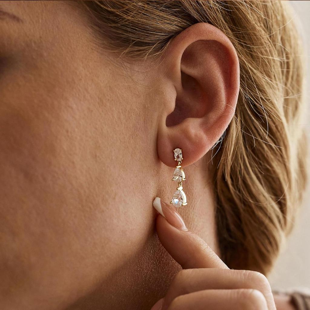 Dangle Drop Earrings for Women Wedding Bridal Rhinestone Long Cubic Zircon Chandelier Sparkly 14K Gold Plated Dainty Jewelry