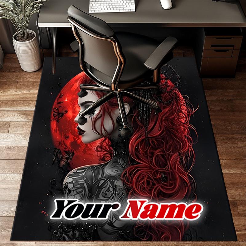 1PC Custom Name Gothic Red Hair Beauty Theme Floor Mat Ideal for Living Room, Game Rooms, Office, Bedroom,Floor Mat Playful Design1