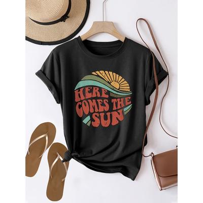 T-shirt da donna con stampa grafica, girocollo, manica corta, top casual per primavera ed estate