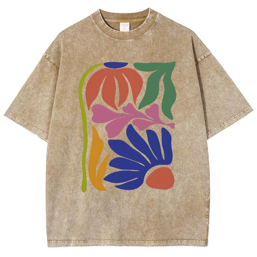 Cartoon Color Aquatic Plant Print Women's T-Shirt Oversized Washed Denim Short Sleeve Vintage Distressed Niche Top