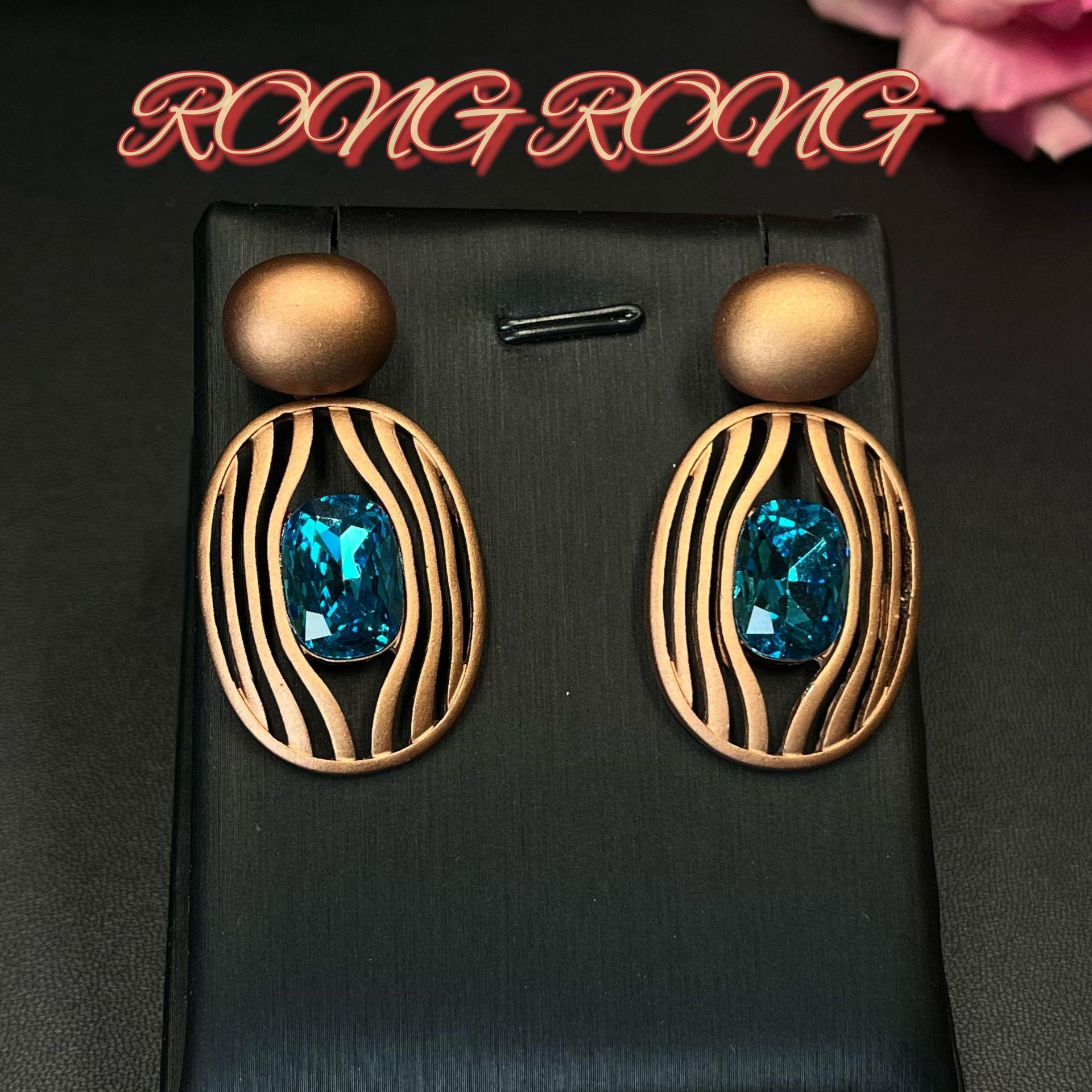 Style Geometric Oval Colored Gemstone Earrings Light Luxury Retro Exaggerated Personality Antique