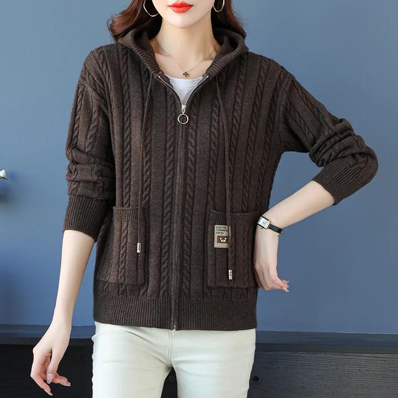 

Осенний кардиган, свитер, куртка, женский, с капюшоном, свободный, на молнии, свитер, женский, элегантный трикотаж, пальто, топы XS кофейный