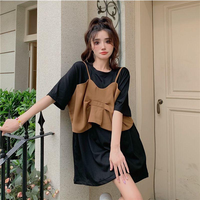 

Фальшива подовжена футболка з двох частин для жінок Вільні універсальні футболки з круглим вирізом Жіночий літній одяг XXXL чорний