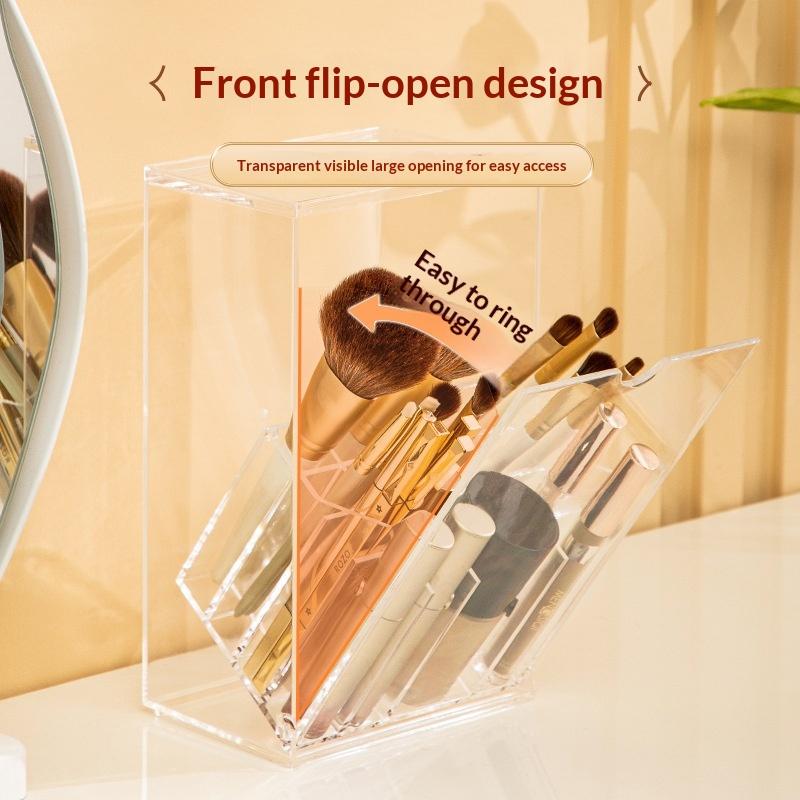 Flip-Top Clear Makeup Brush Holder Cosmetic Storage Box Dust-Proof Desktop Organizer