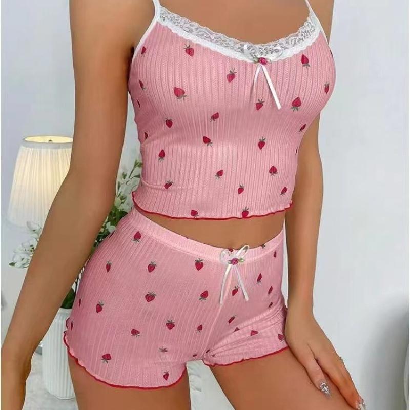 

1 Set Sleepwear Women Pajamas Set Heart Print Soft Ribbed Fabric with Flirty Frill Trim Casual Cami Top and Short Set Loungewear 2XL рожевий