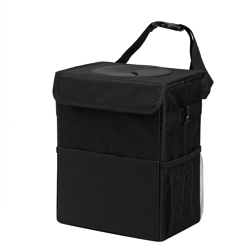 Car Garbage Can With Lid Leak Proof Vehicle Trash Can 3 Storage Pockets Hanging Waterproof Car Trash Bag For SUV Black