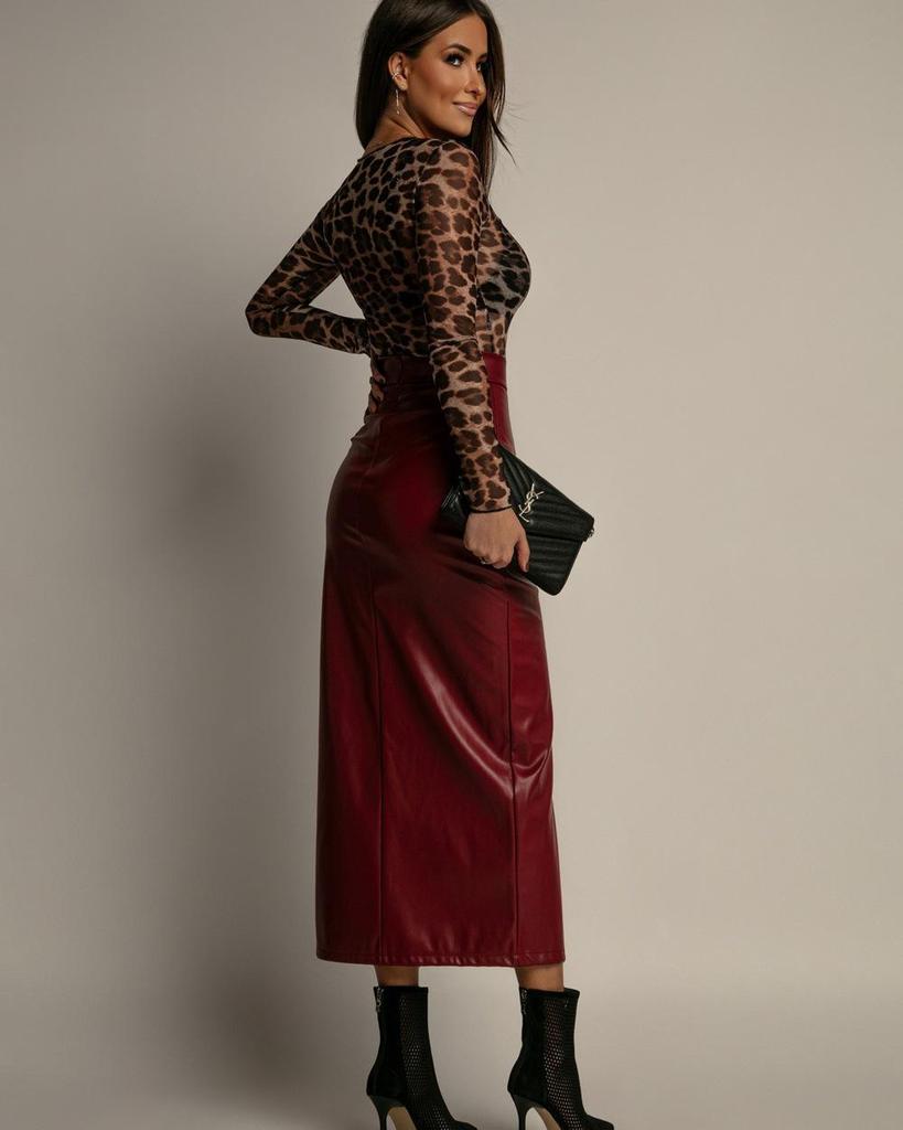 High Waist Leather Slit Midi Skirt - European & American Style, Slimming Bodycon, Solid Color