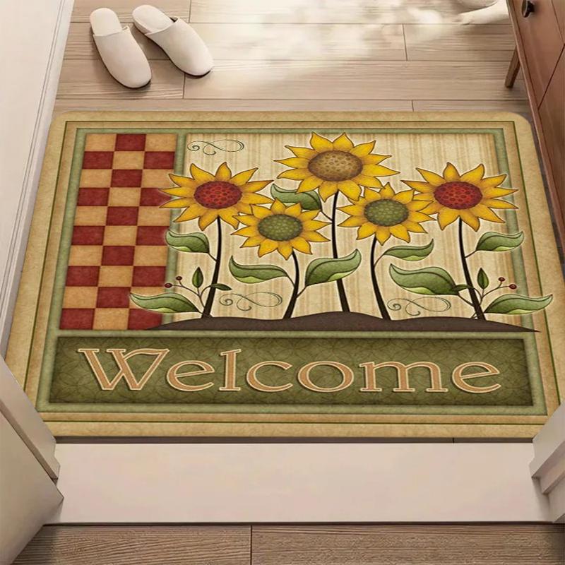 Sunflower Print Welcome Door Mat American Country Style Area Rug Soft Non-slip Floor Mat for Indoor Outdoor Entrance Home Decor