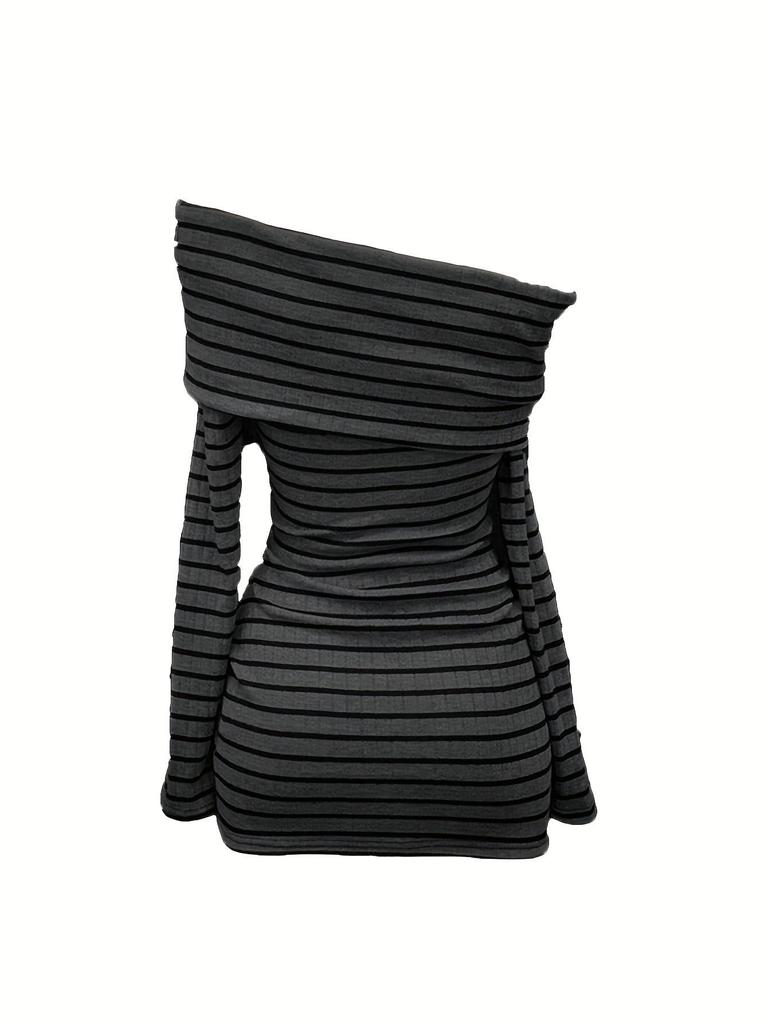 European and American Striped Slim-Fit Dress, Waist-Cinching Short Bodycon with Long Sleeves