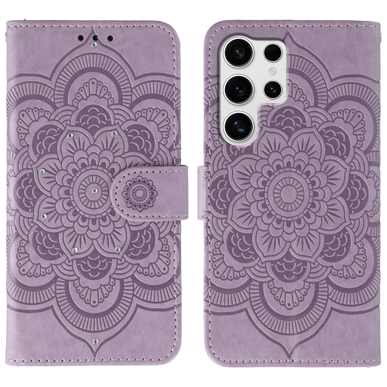 

For Samsung Galaxy S25 Ultra Case Rhinestone Decor PU Leather Mandala Imprinted Design Phone Cover with Wrist Strap Purple