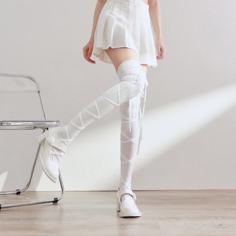 Damen Bandage Overknee-Socken Anime Cosplay Kostüm Riemchen Oberschenkelhohe Strümpfe Lange Stiefelsocken Strumpfwaren