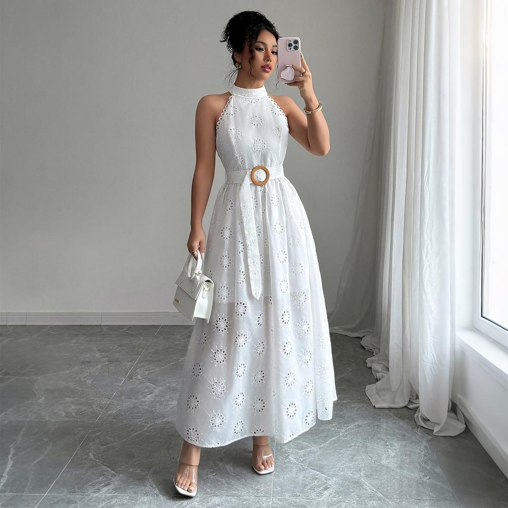 Elegant and Refined Style Neckline Lace Long Dress for Women's Spring and Summer